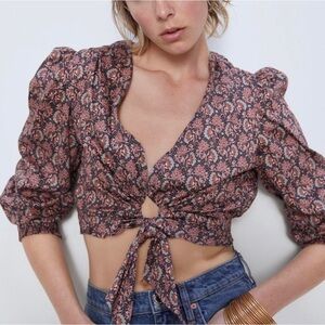 Zara Pink Floral Puff Sleeve 100% Cotton Blouse